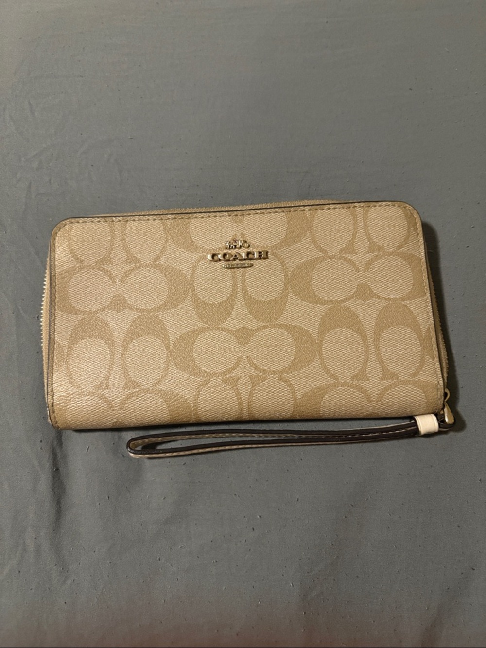 Coach Beige Signature Zip Wristlet with Brown Strap